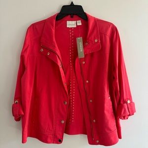 NEW! Chico’s Women’s Luxe Twill Utility Jacket LS Jacket Malibu Punch NWT